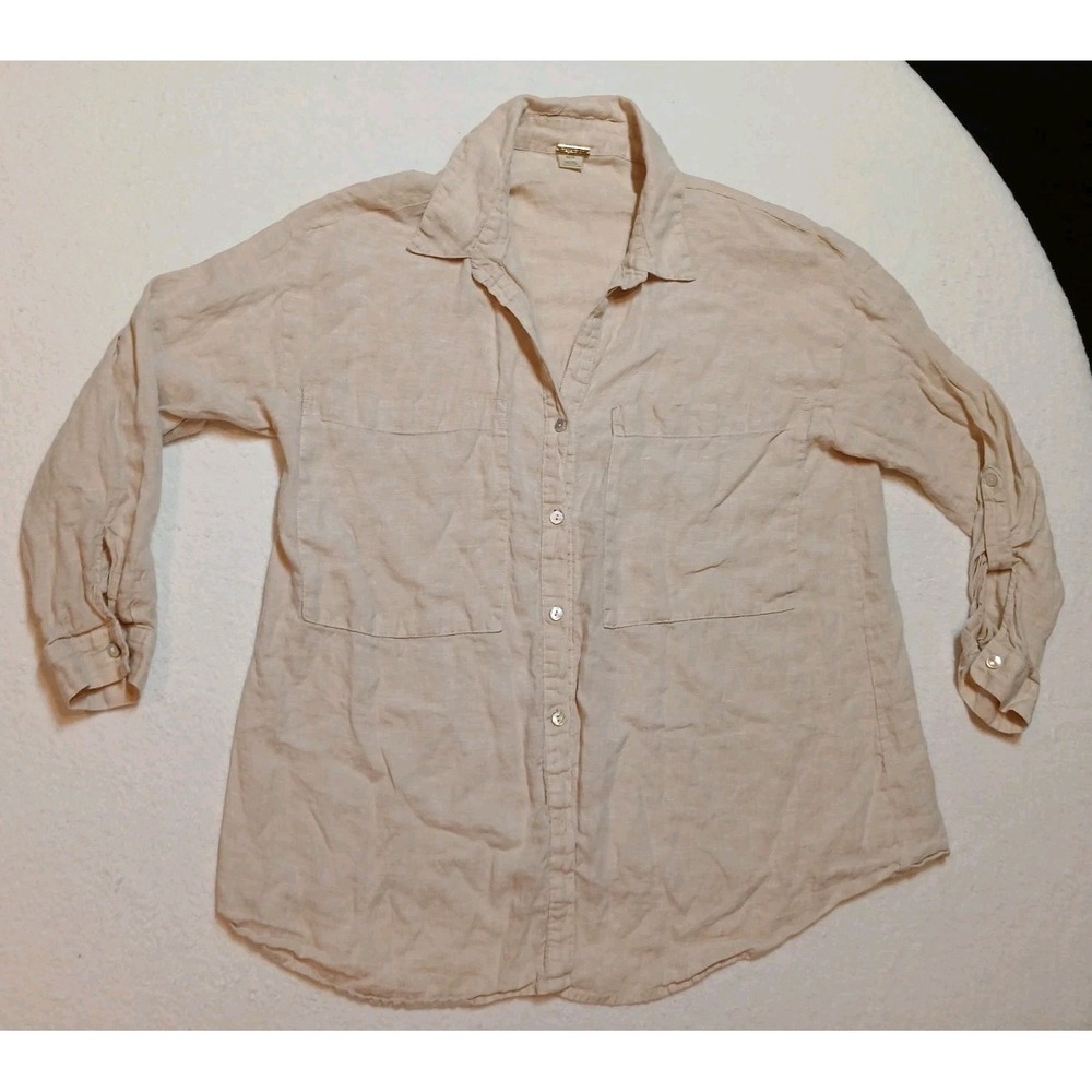 Magaschoni 100% Linen Oversized Shirt M Flax Beige Double Pocket Tunic Blouse